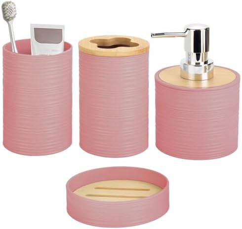 RRM 4 Piece Bamboo Bathroom Accessories Set, Boho Bathroom Decor,LightPink