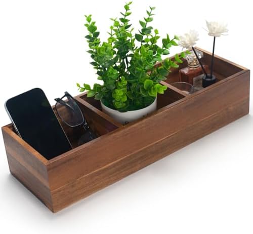 Wood Bathroom Basket, Acacia Wood Toilet Tank Basket, Wooden Storage Box with 3 Compartments for Bathroom Organizer (16.5 x 5.5 x 3.5 inch)