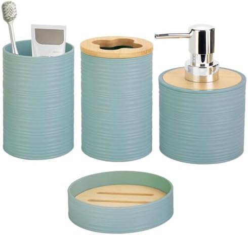 RRM 4 Piece Bamboo Bathroom Accessories Set, Boho Bathroom Decor, Aqua
