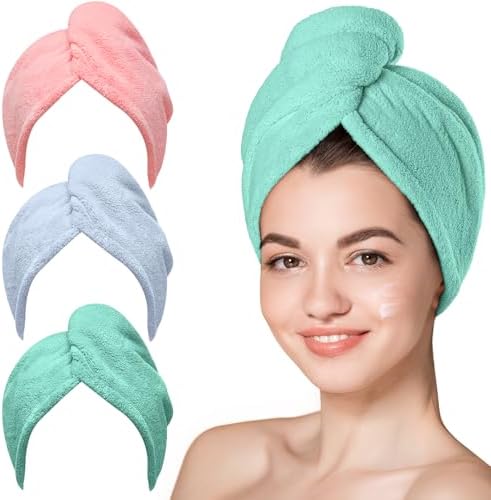 Hicober Microfiber Hair Towel Wrap for Women, Pink Blue Green, 3-Pack