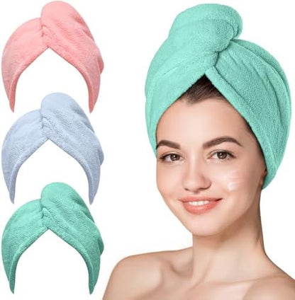 Hicober Microfiber Hair Towel Wrap for Women, Pink Blue Green, 3-Pack