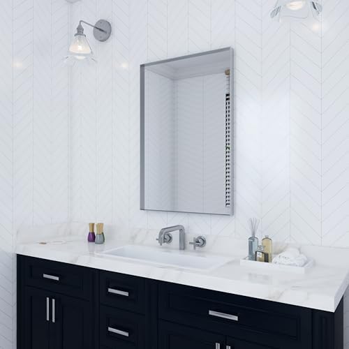VocalStar Silver Bathroom Mirror, 18 x 26 Inch Square Corner Rectangle Nickel Metal Framed Bathroom Vanity Mirrors for Wall Modern, 1/4-inch Shatterproof Glass | Ultra-Flush Hanging