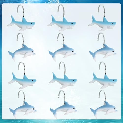 12-Piece Shark Shower Curtain Hooks for Bathroom