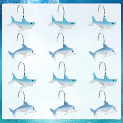12-Piece Shark Shower Curtain Hooks for Bathroom