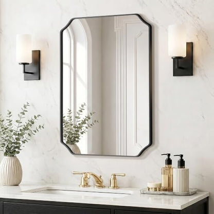 Delma Bathroom Vanity Mirror, Black Framed Aluminum Bathroom Mirror for Over Sink, Scalloped Round Corner Wall Mirror, High-Definition Vanity Mirror, Hangs Horizontally or Vertically (30x20, Black)