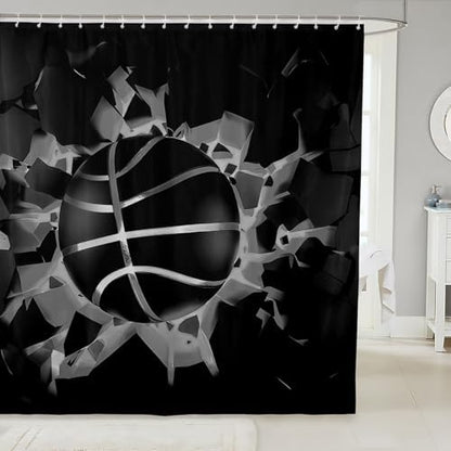 jejeloiu Basketball Bath Curtain Boys Girls 72"x78" Gaming Sports Shower Curtain for Kids Women Men Waterproof Black Gray Ombre Bathroom Shower Curtain Set Gift for Basketball Lover