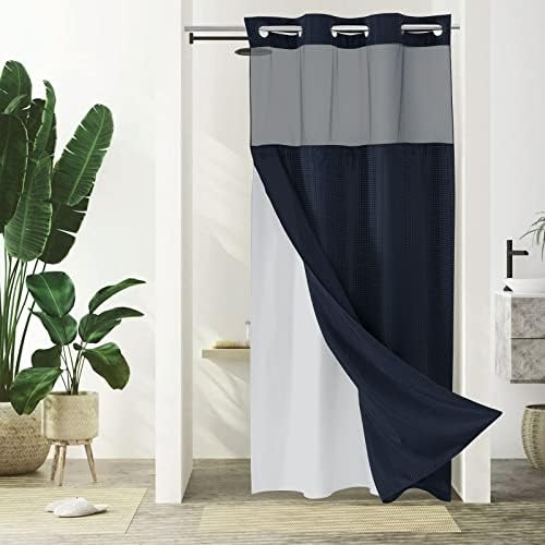 Gibelle No Hook Cloth Navy Shower Curtain with Liner, 36x74