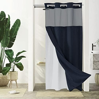 Gibelle No Hook Cloth Navy Shower Curtain with Liner, 36x74