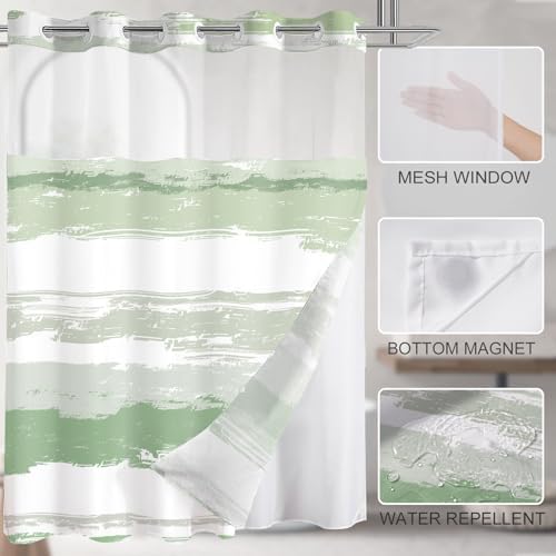 No Hook Shower Curtain with Liner, Green Stripe, 71x74 Inch