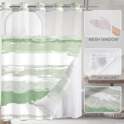 No Hook Shower Curtain with Liner, Green Stripe, 71x74 Inch