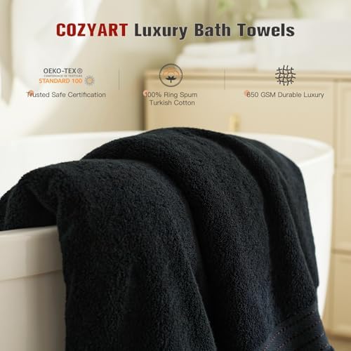 COZYART Luxury Bath Towel Set 6 Pcs, Black 100% Turkish Cotton 650 GSM