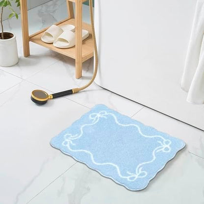 Mocsicka Blue Bow Bath Mat Cute Bow Bathroom Rug Super Soft Absorbent Bathroom Rugs Non Slip Bath Mat Machine Washable Rug for Bathrooms 16x24 inches (Blue, 40x60cm)
