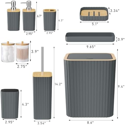 XLHOMO Bathroom Set - Elegant Grey Bathroom Set, 10PC Grey Bathroom Accessories Set, Bathroom Sets with Toilet Brush, Bathroom Trash Can