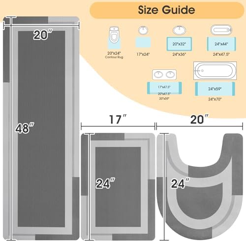 ACCUMTEK Non Slip Bath Mat, Thin Bathroom Rugs Fit Under Door, Quick Dry Bath Mats, Machine Washable Bath Rugs for Bathroom, Bathtub & Kitchen, Bathtub & Kitchen, Grey/Bordered/3 Piece