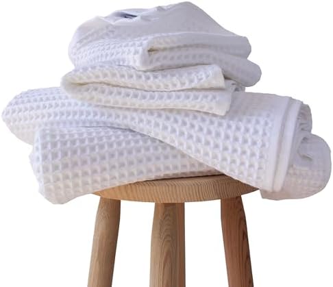 PÜSKÜL Natural 100% Turkish Cotton Waffle Towels Set of 4-Piece, White
