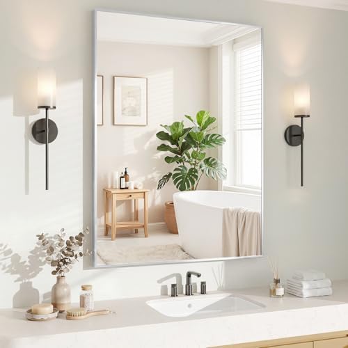 Koonmi Silver Rectangle Wall Mirror, 30x40 Inch Bathroom Mirror, Aluminum Frame Vanity Mirror for Entryway, Living Room, Bedroom Bathroom, Hangs Horizontally or Vertically