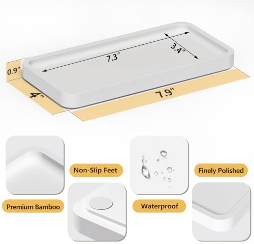 Weenson Small Bathroom Vanity Tray for Countertop Makeup Perfume Jewelry Decor Candle Keys, Bamboo Kitchen Tray for Soap Dispenser Spice, Small White Toilet Tray for Sink7.9 L x 4" W x 0.79" H