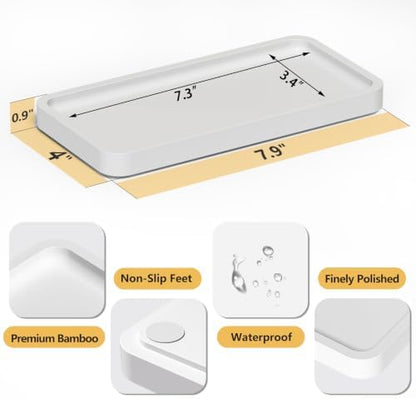 Weenson Small Bathroom Vanity Tray for Countertop Makeup Perfume Jewelry Decor Candle Keys, Bamboo Kitchen Tray for Soap Dispenser Spice, Small White Toilet Tray for Sink7.9 L x 4" W x 0.79" H