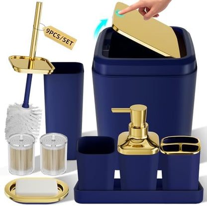 XLHOMO Bathroom Accessories Set - Luxury Blue Bathroom Set, 9 Pieces Bathroom Accessory Set, Navy Blue Bathroom Accessories with Trash Can, Toilet Brush & Soap Dispenser