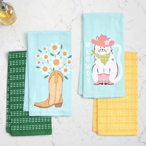 Ritz 4-Piece Kitchen Towel Set, Meowdy Cat & Daisy Boot Prints with Pine Green & Yellow Textured Terry, 100% Cotton & Absorbent Blend, 16" x 26", Western Boho Coastal Cowgirl Decor