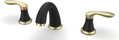 Bathroom Sink Faucet, Faucet for Bathroom Sink, Widespread Black and Gold Bathroom Faucet 3 Hole with Stainless Steel Pop Up Drain and cUPC Lead-Free Hose - (Black and Gold)