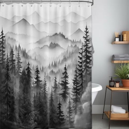 Black and White Forest Shower Curtain, 60X72 in, Mens Mountain Nature