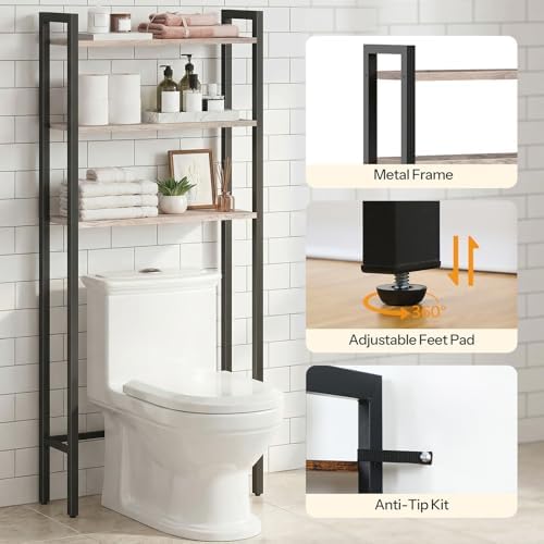 HOOBRO Over The Toilet Storage, 3-Tier Bathroom Organizer Shelf Over Toilet, Freestanding Bathroom Storage Shelves, Space Saver, Easy to Assemble for Room, Greige and Black BG41TS01