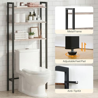 HOOBRO Over The Toilet Storage, 3-Tier Bathroom Organizer Shelf Over Toilet, Freestanding Bathroom Storage Shelves, Space Saver, Easy to Assemble for Room, Greige and Black BG41TS01
