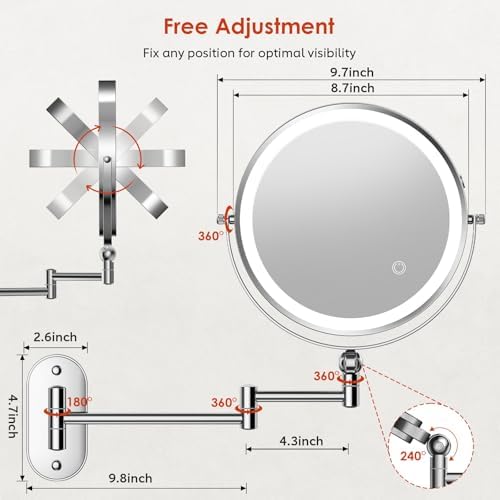 ZLOKLA 9" Wall Mounted Lighted Makeup Mirror,4000mAh Rechargeable Double Sided 1X/20X Magnifying Mirror with Light,Touch Dimmable,Extended Arm 360 Rotation Wall Mounted Makeup Mirror 3 Color Lights