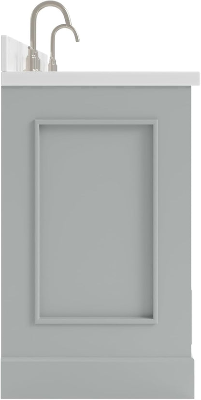 Langford 72-inch Grey Bathroom Vanity with Left & Right Rectangle Double Sinks, Pure White Quartz Countertop & Backsplash, Solid Wood Frame, Soft-Closing & Dovetail Drawers