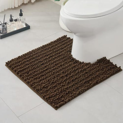 Brown Toilet Rugs U Shaped Washable, 24x24 Contour Bath Rugs for Toilet, Luxury Ultra Soft Chenille U-Shaped Toilet Rug, Non Slip Absorbent Machine Washable Bathroom Mat for Toile