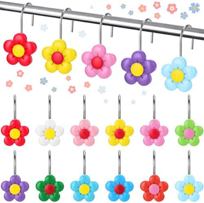 Thyle 12 Pcs Spring Floral Shower Curtain Hooks, Colorful Resin Ornament Rings Flower Shower Curtain Hooks for Bathroom Bedroom Accessories