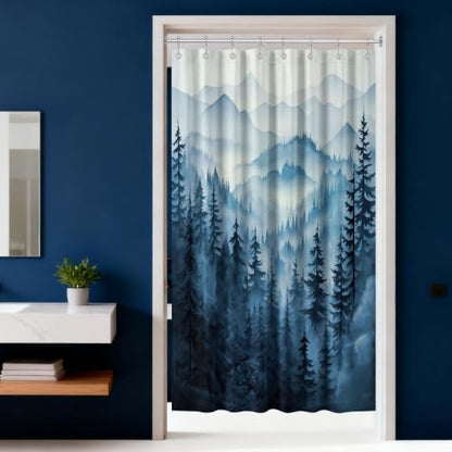 Navy Blue Forest Stall Shower Curtain, 47X64 in Narrow Small, Mountain