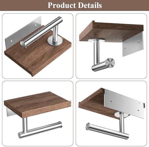 Tindbea Toilet Paper Holder with Wood Shelf, Wooden Wall Mount Tissue Paper Roll Holder, Brushed Nickel Stainless Steel Bathroom Accessories Decor Household Home Apartment Restroom Essentials (Walnut)