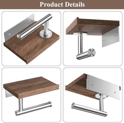 Tindbea Toilet Paper Holder with Wood Shelf, Wooden Wall Mount Tissue Paper Roll Holder, Brushed Nickel Stainless Steel Bathroom Accessories Decor Household Home Apartment Restroom Essentials (Walnut)