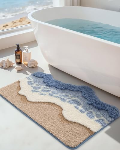 DEXI Cute Bath Mat, Sea Ocean Wave Bathroom Rugs, 34x21 Blue