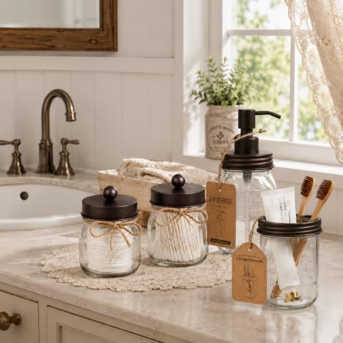 SheeChung Mason Jar Bathroom Accessories Set,6Pcs Rustic Bathroom Set,Brown