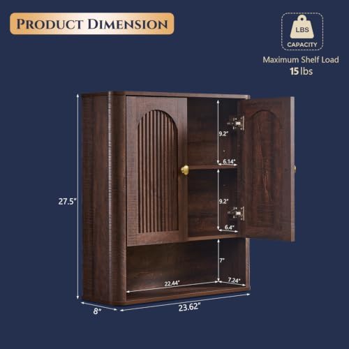 Bathroom Fluted Arched Wall Cabinet, 23.6''W Wood Medicine Cabinet,Brown