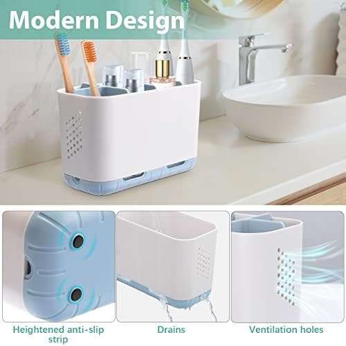 Boperzi Electric Toothbrush Holder for Bathroom Organizer Countertop, Detachable Anti-Slip Blue Toothpaste Storage Caddy 6 Slots White with Drainage Holes for Makeup Brush Razor Stand