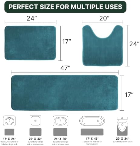 H.VERSAILTEX Bath Mat Memory Foam Set Bathroom Rug Set Flannel Velvety Extra Soft and Absorbent Non Slip Rugs for Bathroom/Bedroom Washable(47"x 17" + 17"x 24" + 20"x 24"U-Shaped, Dark Teal)