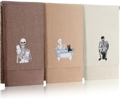 FuWeave 3 Pcs Brown Halloween Skull Hand Towels for Bathroom