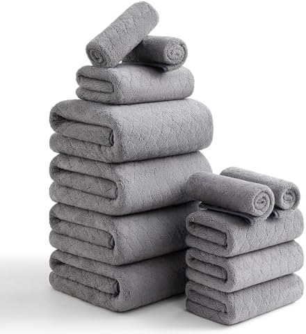 Luxury Bath Towels Set - 12 Piece (4 Bath Towels,4 Hand Towels,4 Washcloths), 100% Microfiber,Extra Absorbent Super Soft & Quick Dry,Complete Family Pack for Bathroom Gym Pool,Grey