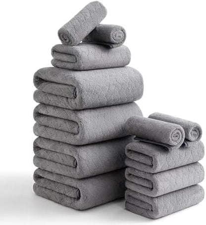 Luxury Bath Towels Set - 12 Piece (4 Bath Towels,4 Hand Towels,4 Washcloths), 100% Microfiber,Extra Absorbent Super Soft & Quick Dry,Complete Family Pack for Bathroom Gym Pool,Grey