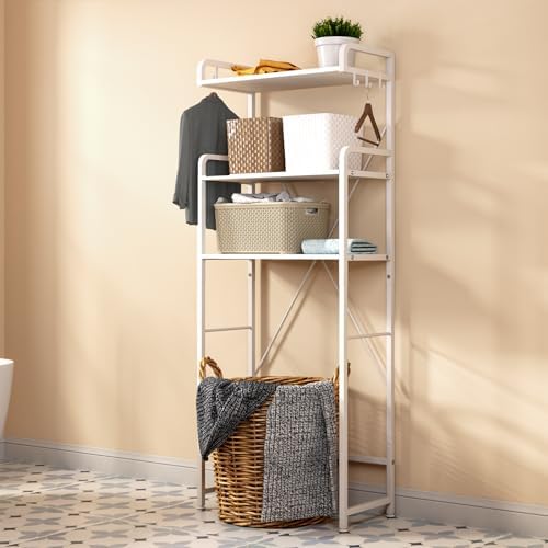 Huhote Over The Toilet Storage Rack with 3-Tier Bathroom Shelves, Space Saver Toilet Shelf, Bathroom Storage Organizer with Hooks for Over Toilet Storage and Shelf (White)