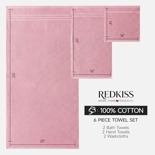 REDKISS Pink Towels Set 6 Piece Cotton Towel Sets with 2 Bath Towels, 2 Hand, 2 Washcloths, 650GSM Hotel Quality, Soft, Highly Absorbent Towels for Bathroom Gym, Ideal Everyday Use