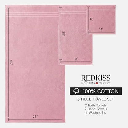 REDKISS Pink Towels Set 6 Piece Cotton Towel Sets with 2 Bath Towels, 2 Hand, 2 Washcloths, 650GSM Hotel Quality, Soft, Highly Absorbent Towels for Bathroom Gym, Ideal Everyday Use