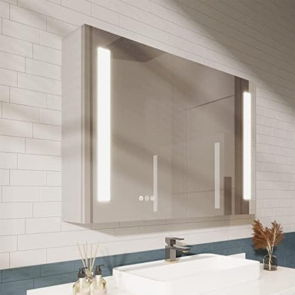 36×24 Inch Bathroom Medicine Cabinet, LED Lighted Medicine Cabinet with Mirror, Double Door Bathroom Vanity Mirror with Storage, 3 Color Light, Defogger, Dimmer, Surface Mount