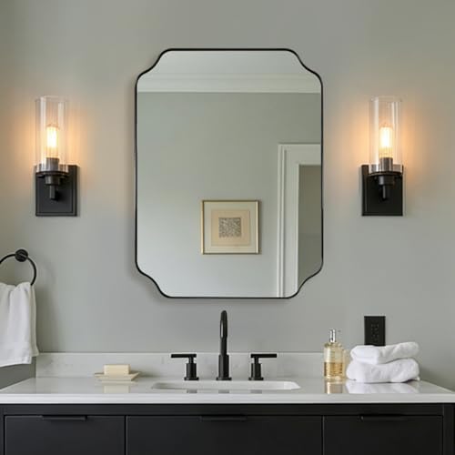 MIRRORART 22x30’’ Black Scalloped Bathroom Mirror for Wall, Contemporary Rounded Notched Corner Rectangle Mirrors in 1’’ Stainless Steel Metal Frame Wall Mounted Vertical/Horizontal for Home Decor