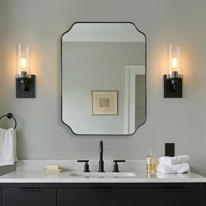MIRRORART 22x30’’ Black Scalloped Bathroom Mirror for Wall, Contemporary Rounded Notched Corner Rectangle Mirrors in 1’’ Stainless Steel Metal Frame Wall Mounted Vertical/Horizontal for Home Decor