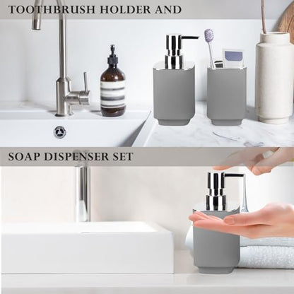 Grey Bathroom Accessories 2 Pcs, Soap Dispenser and Toothbrush Holder Set